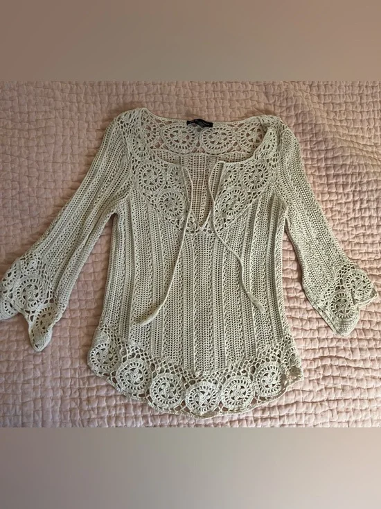 INC International Concepts Cream Crochet Knit Shell Top - Picture 2 of 7